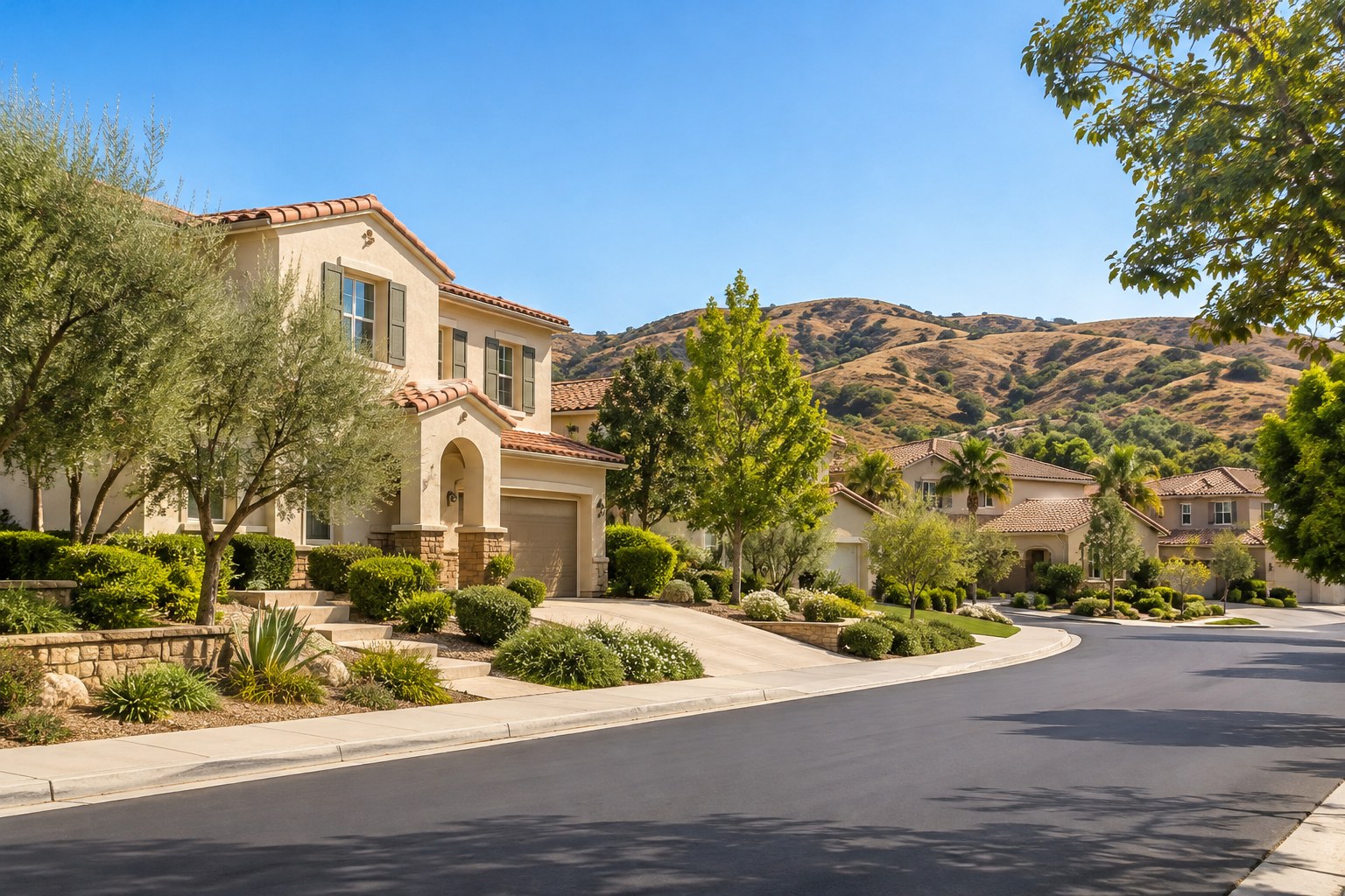 A tidy home with mature trees on Southern California, illustrative
