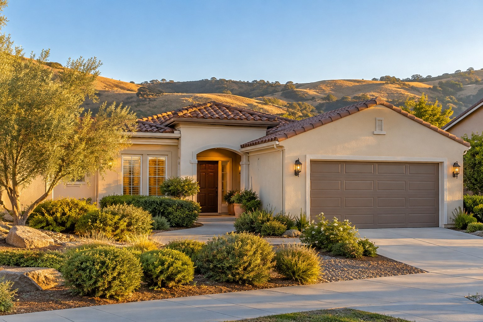 A California home with trees and warm evening light on a quiet Southern California street, illustrative