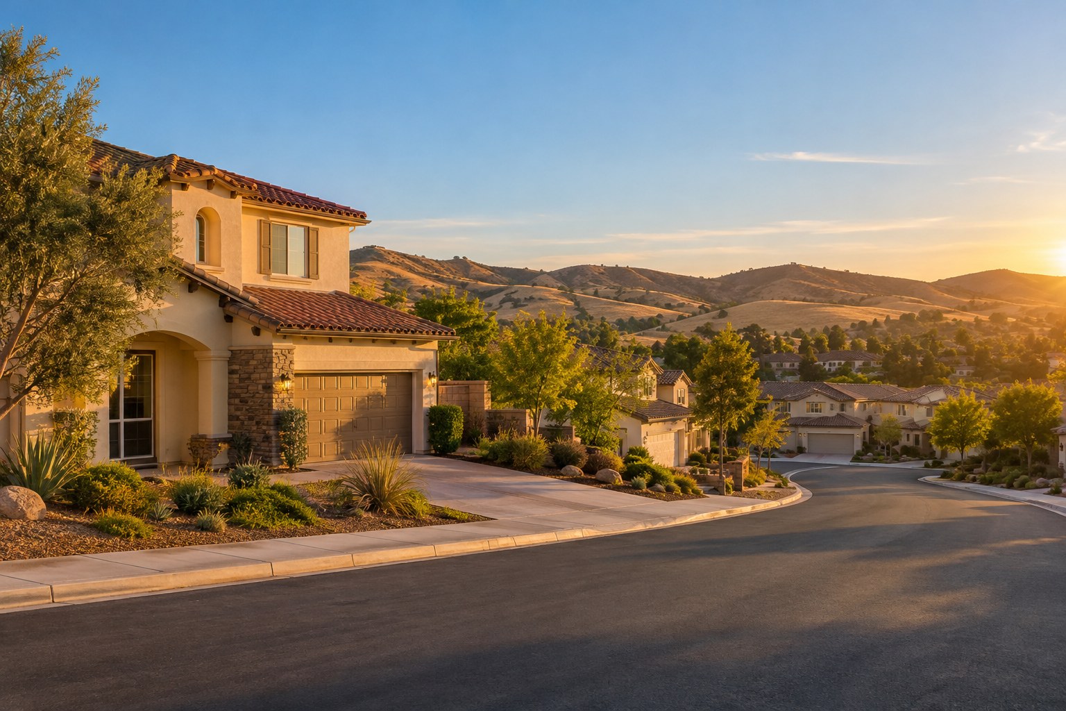 A tree lined Temecula street at sunset, illustrative