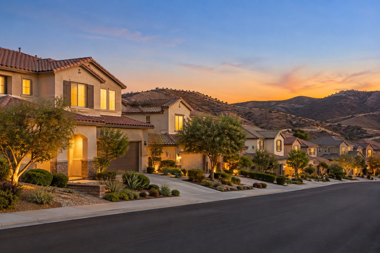 Homes along a tree lined Southern California street, illustrative